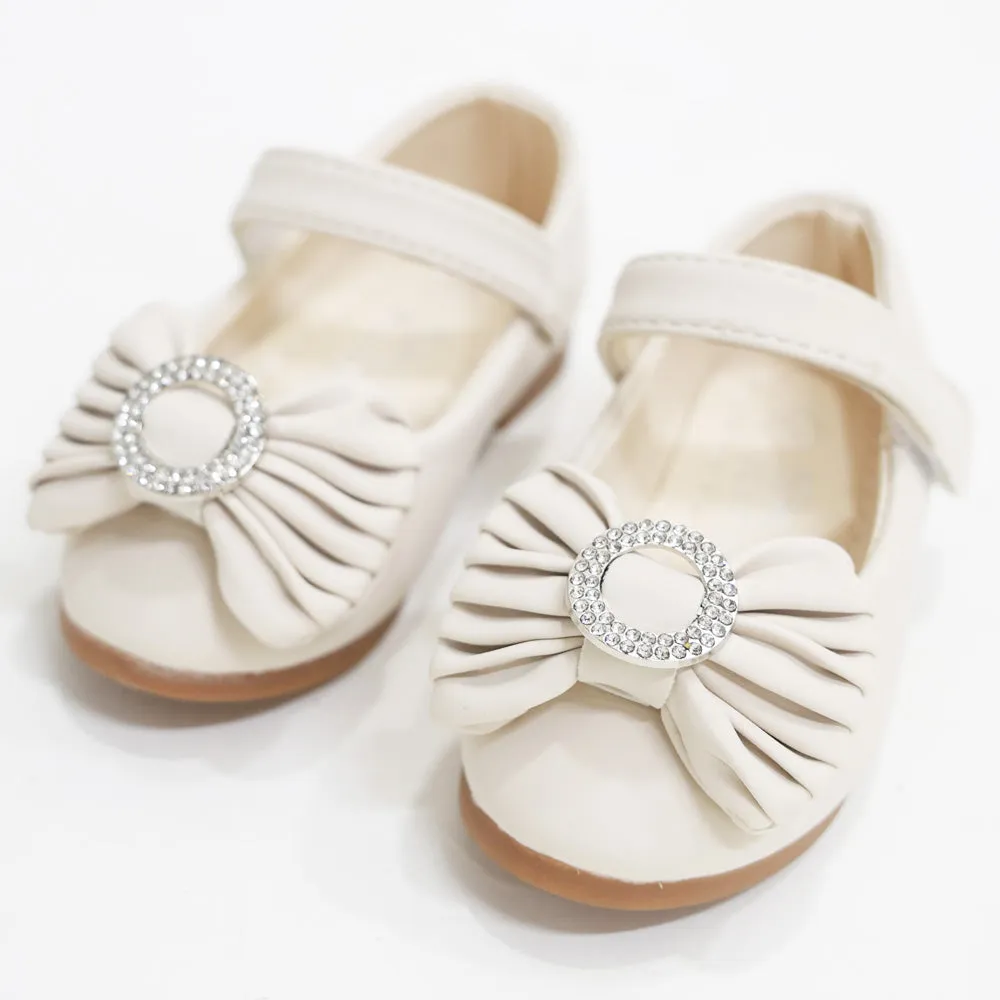 Beige Bow Embellished Velcro Closure Ballerina