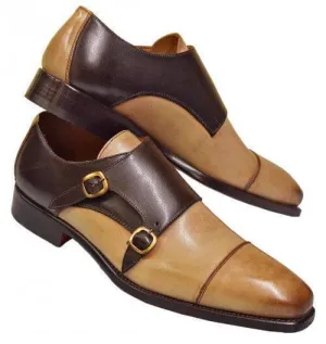 Bespoke Brown Beige Leather Monk Strap Shoe for Men