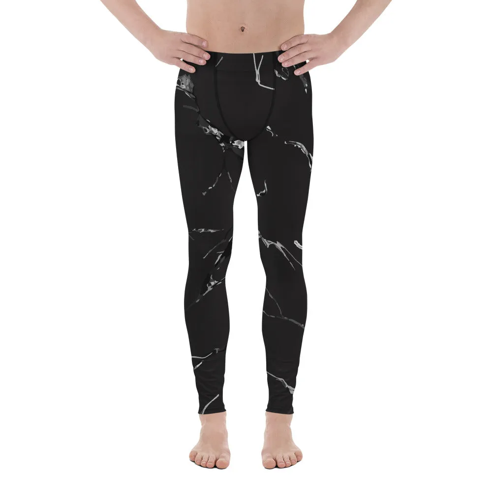 Black Marble Print Sexy Meggings, Premium Men's Workout Leggings-Made in USA/EU