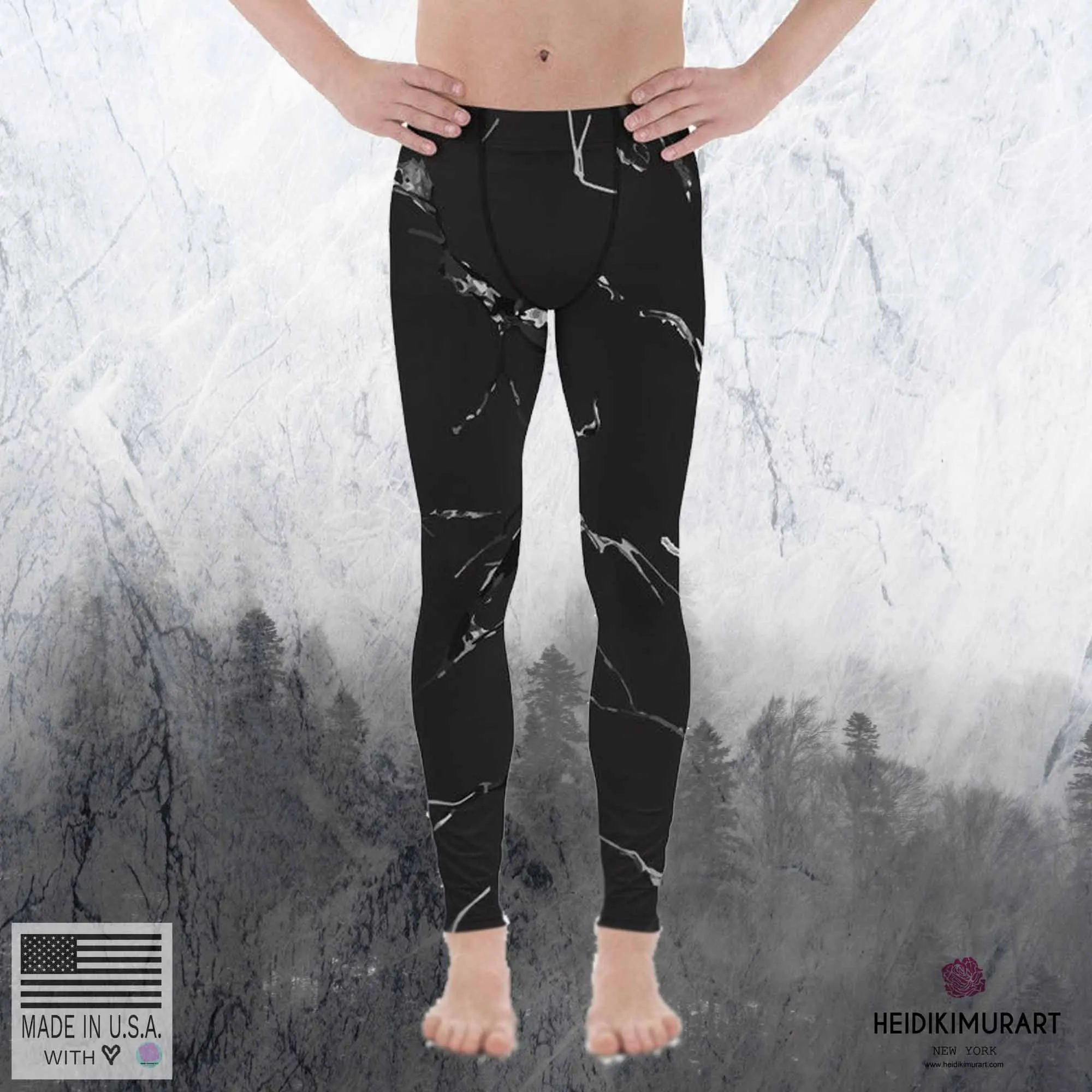 Black Marble Print Sexy Meggings, Premium Men's Workout Leggings-Made in USA/EU