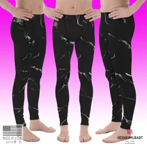 Black Marble Print Sexy Meggings, Premium Men's Workout Leggings-Made in USA/EU