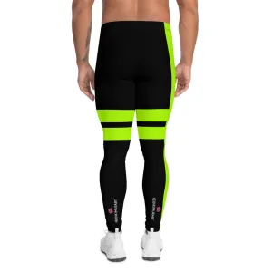 Black Neon Green Men's Leggings, Green Designer Premium Striped Meggings - Made in USA/EU/MX