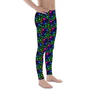 Black Rainbow Star Print Meggings, Premium Best Men's Leggings Tights- Made in USA/EU