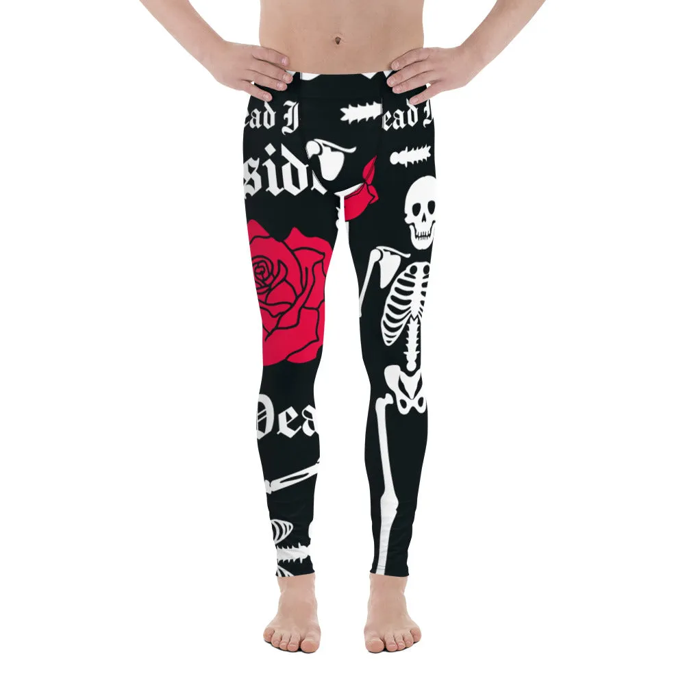 Black Skulls Romantic Men's Leggings, Rose Skull Leggings, Skull Leggings Men - Made in USA/EU/MX