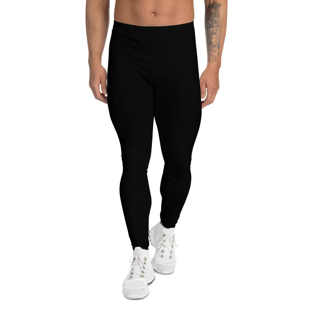 Black Solid Color Men's Leggings, Designer Sexy Meggings Running Tights-Made in USA/EU