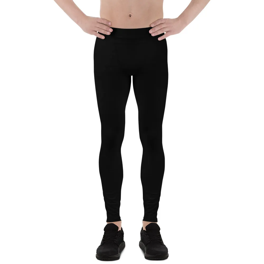 Black Solid Color Men's Leggings, Designer Sexy Meggings Running Tights-Made in USA/EU