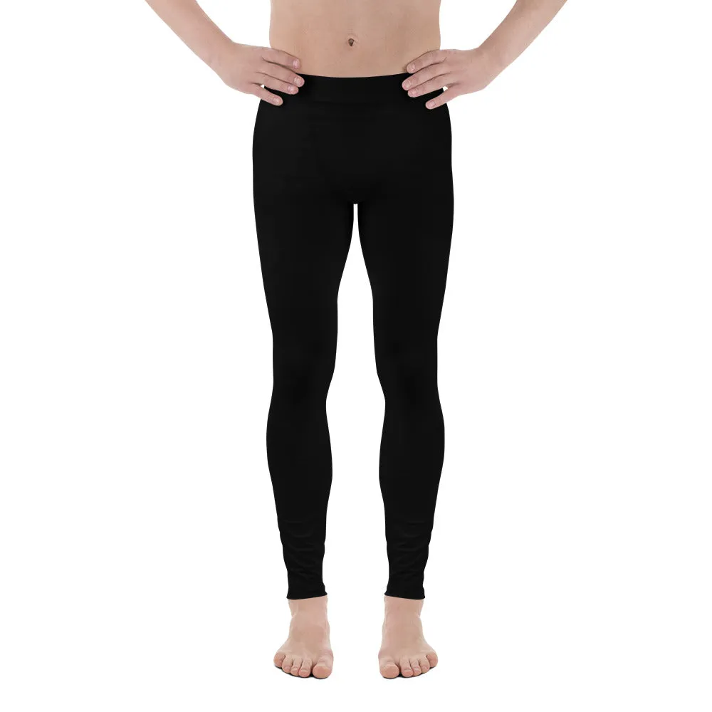 Black Solid Color Men's Leggings, Designer Sexy Meggings Running Tights-Made in USA/EU