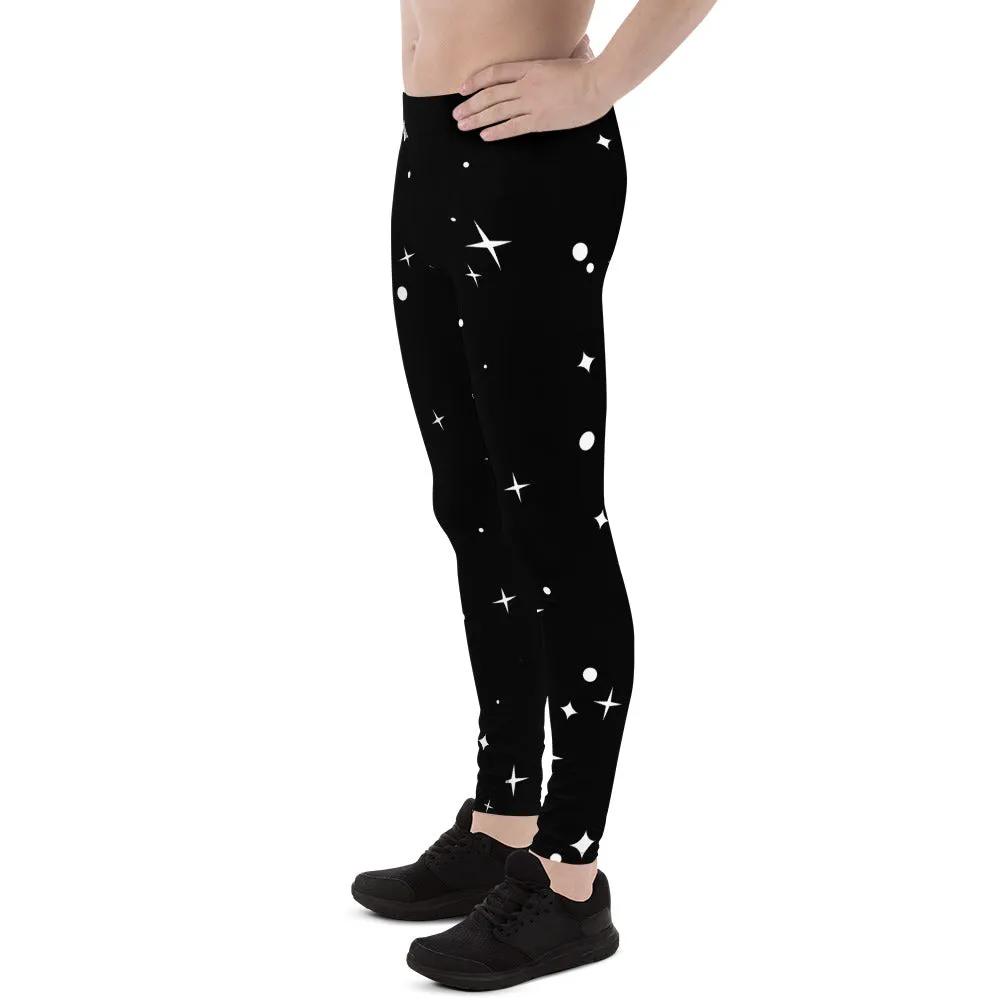 Black Starry Nights Men's Leggings, Stars Pattern Meggings Compression Tights-Made in USA/EU/MX