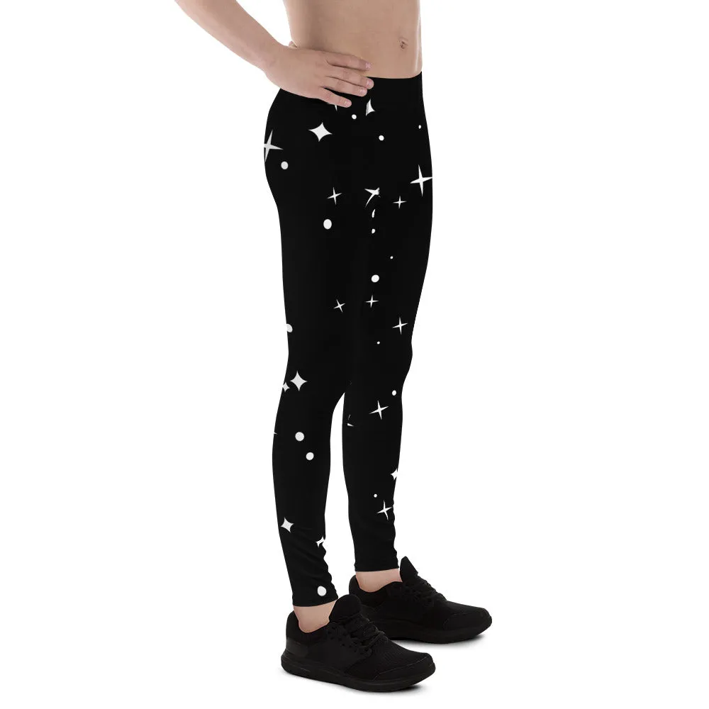 Black Starry Nights Men's Leggings, Stars Pattern Meggings Compression Tights-Made in USA/EU/MX