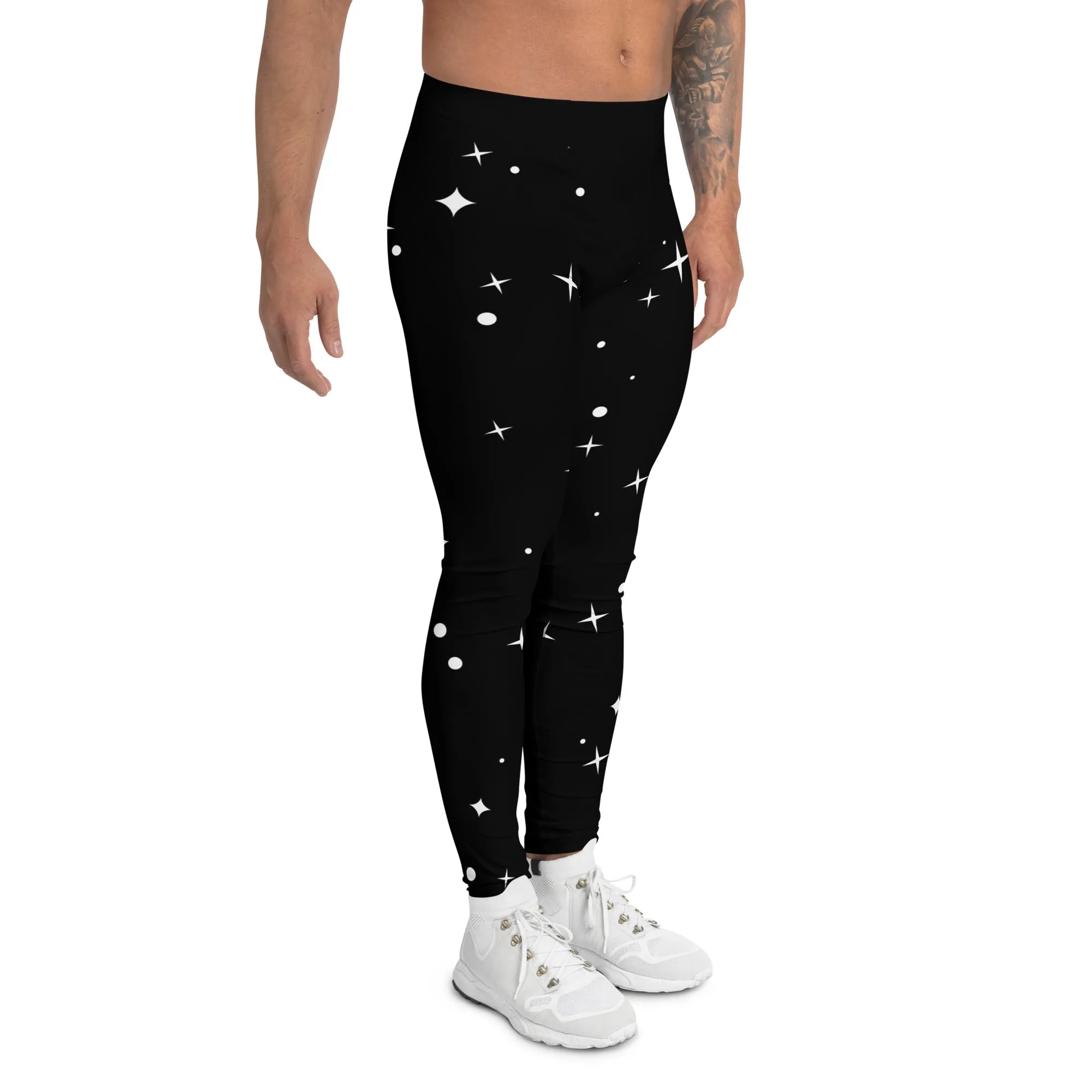 Black Starry Nights Men's Leggings, Stars Pattern Meggings Compression Tights-Made in USA/EU/MX