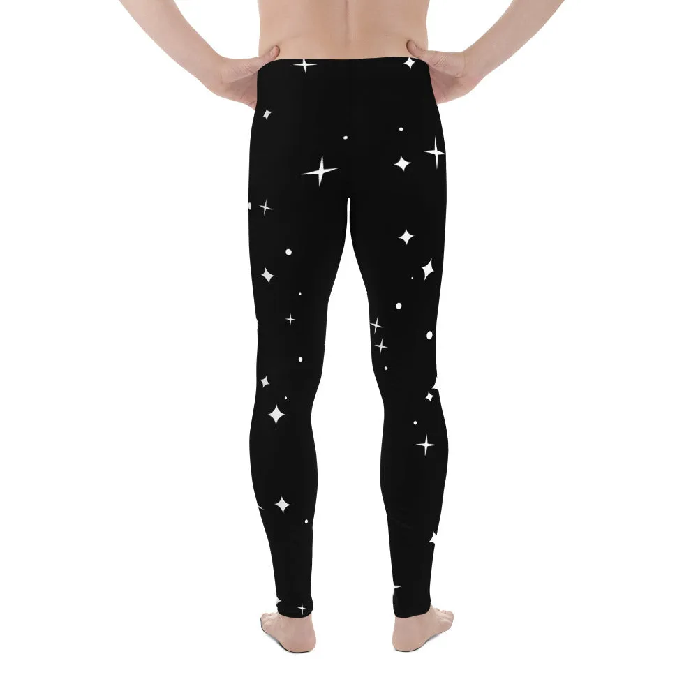 Black Starry Nights Men's Leggings, Stars Pattern Meggings Compression Tights-Made in USA/EU/MX