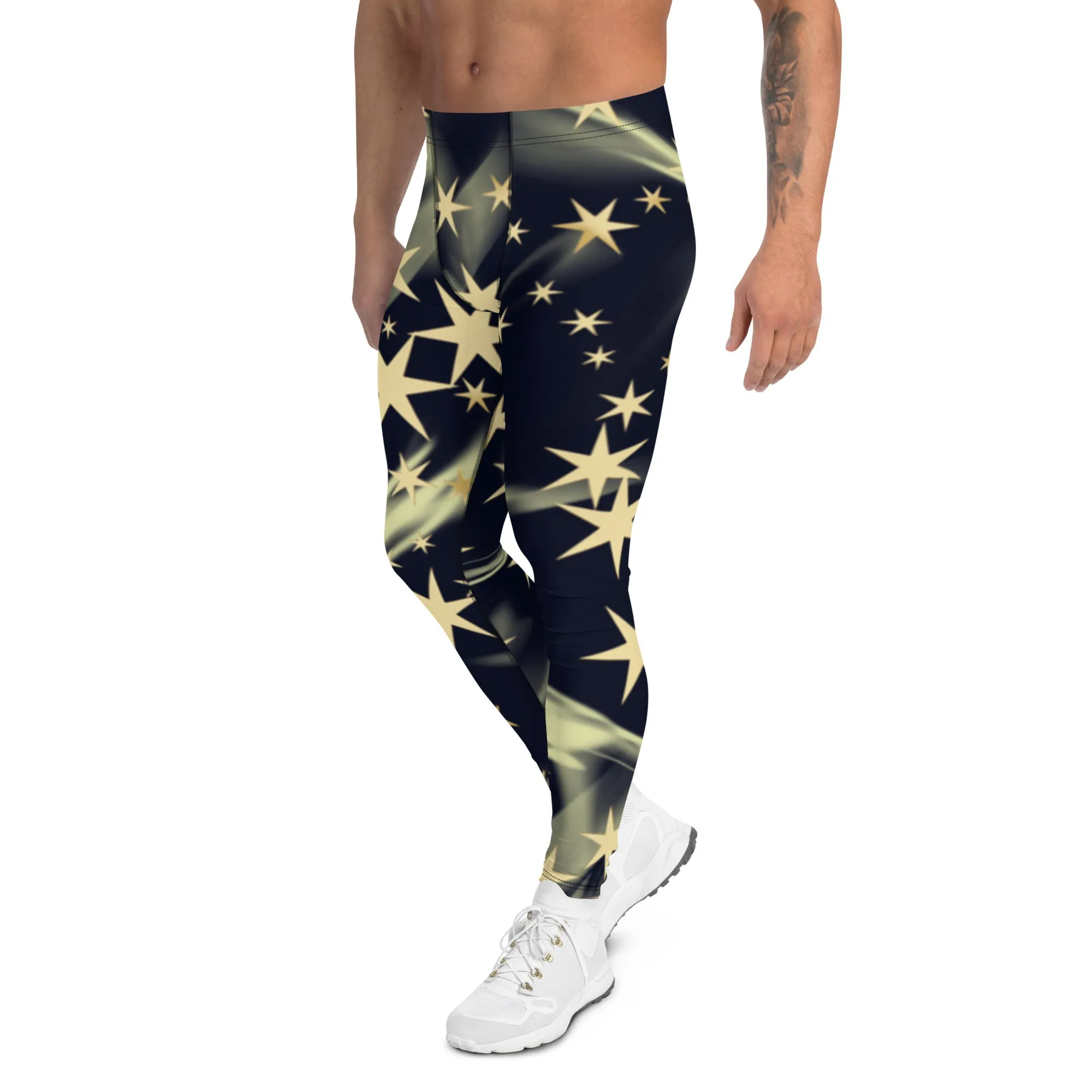 Black Starry Print Men's Leggings, Star Print Designer Meggings Compression Tights-Made in USA/EU/MX