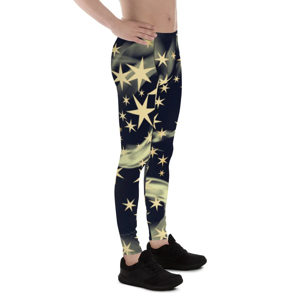 Black Starry Print Men's Leggings, Star Print Designer Meggings Compression Tights-Made in USA/EU/MX