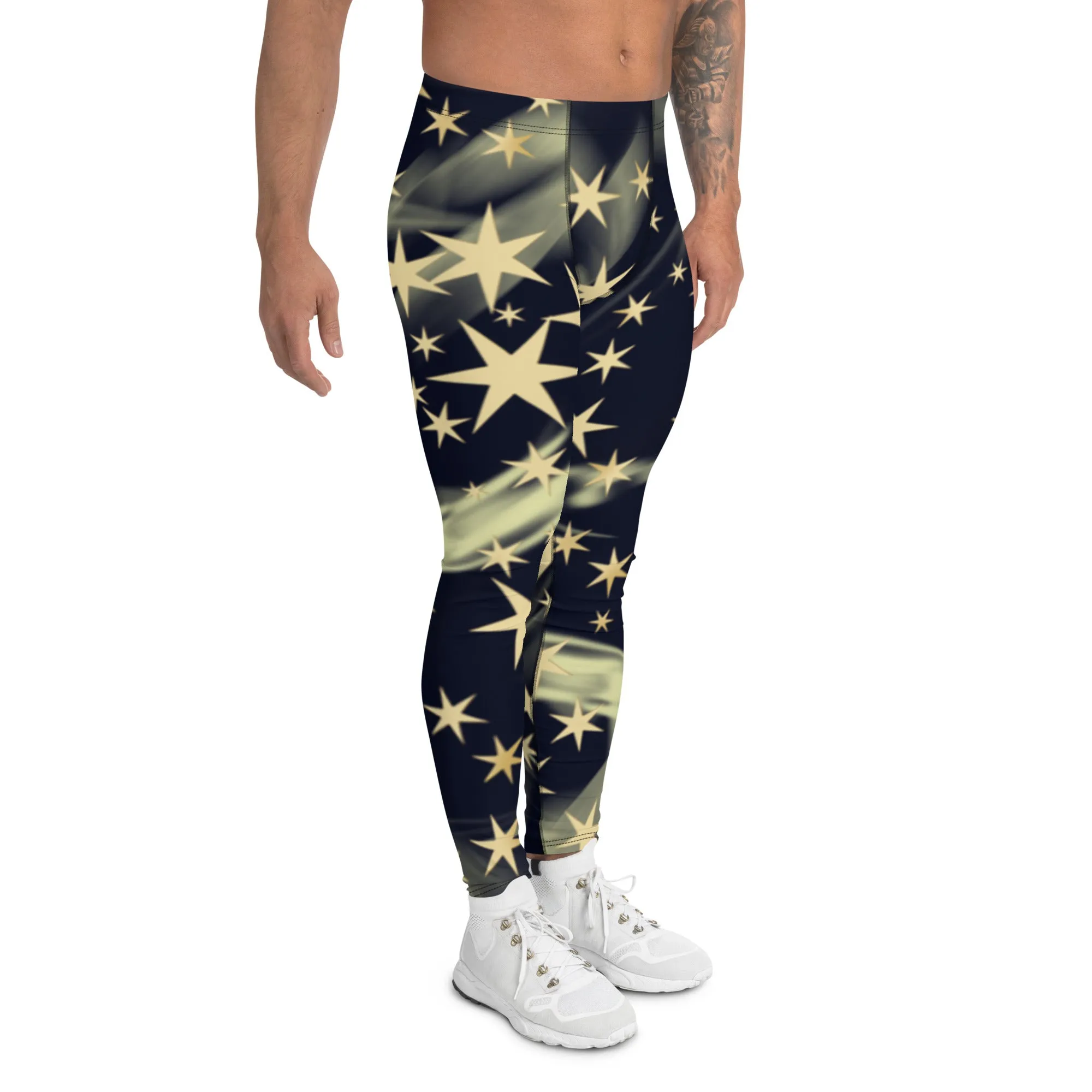 Black Starry Print Men's Leggings, Stars Pattern Meggings Compression Tights-Made in USA/EU/MX