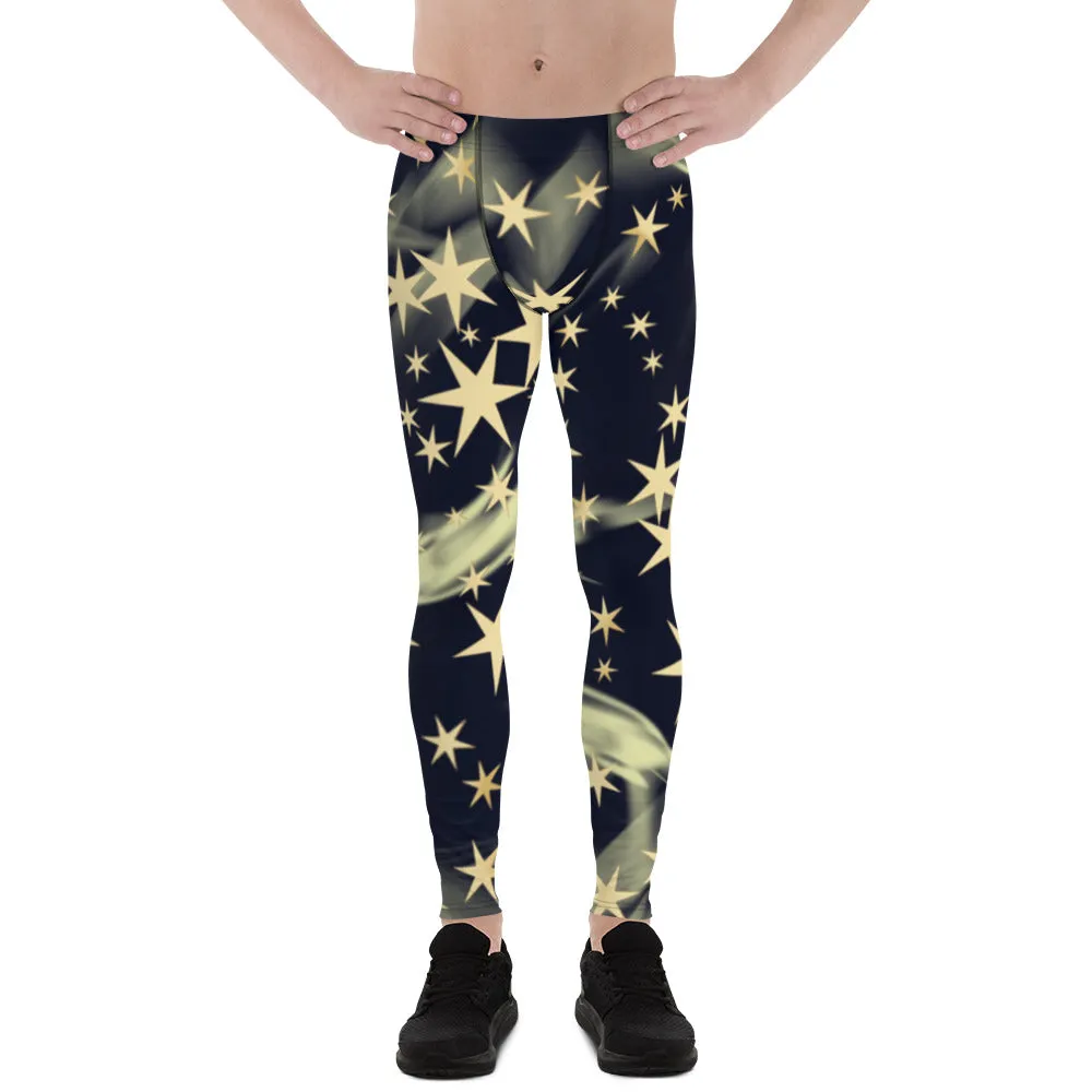 Black Starry Print Men's Leggings, Stars Pattern Meggings Compression Tights-Made in USA/EU/MX