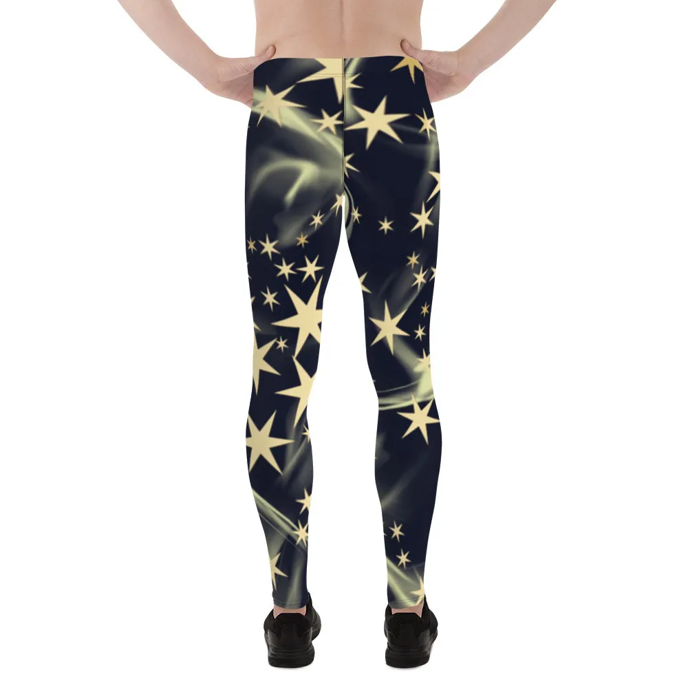 Black Starry Print Men's Leggings, Stars Pattern Meggings Compression Tights-Made in USA/EU/MX