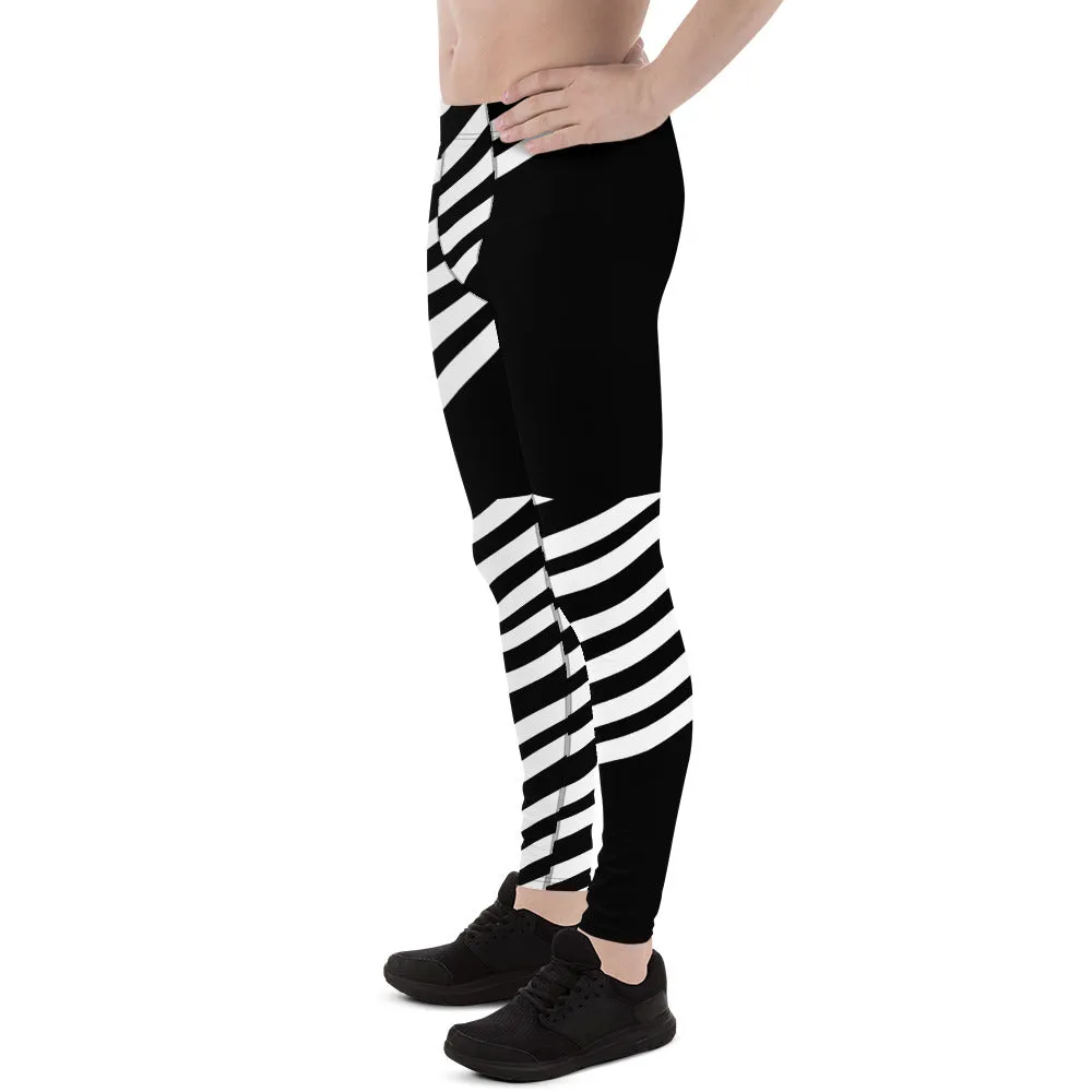 Black White Striped Meggings, Best Designer Men's Leggings, Designer Minimalist Black White Modern Meggings-Made in USA/EU/MX