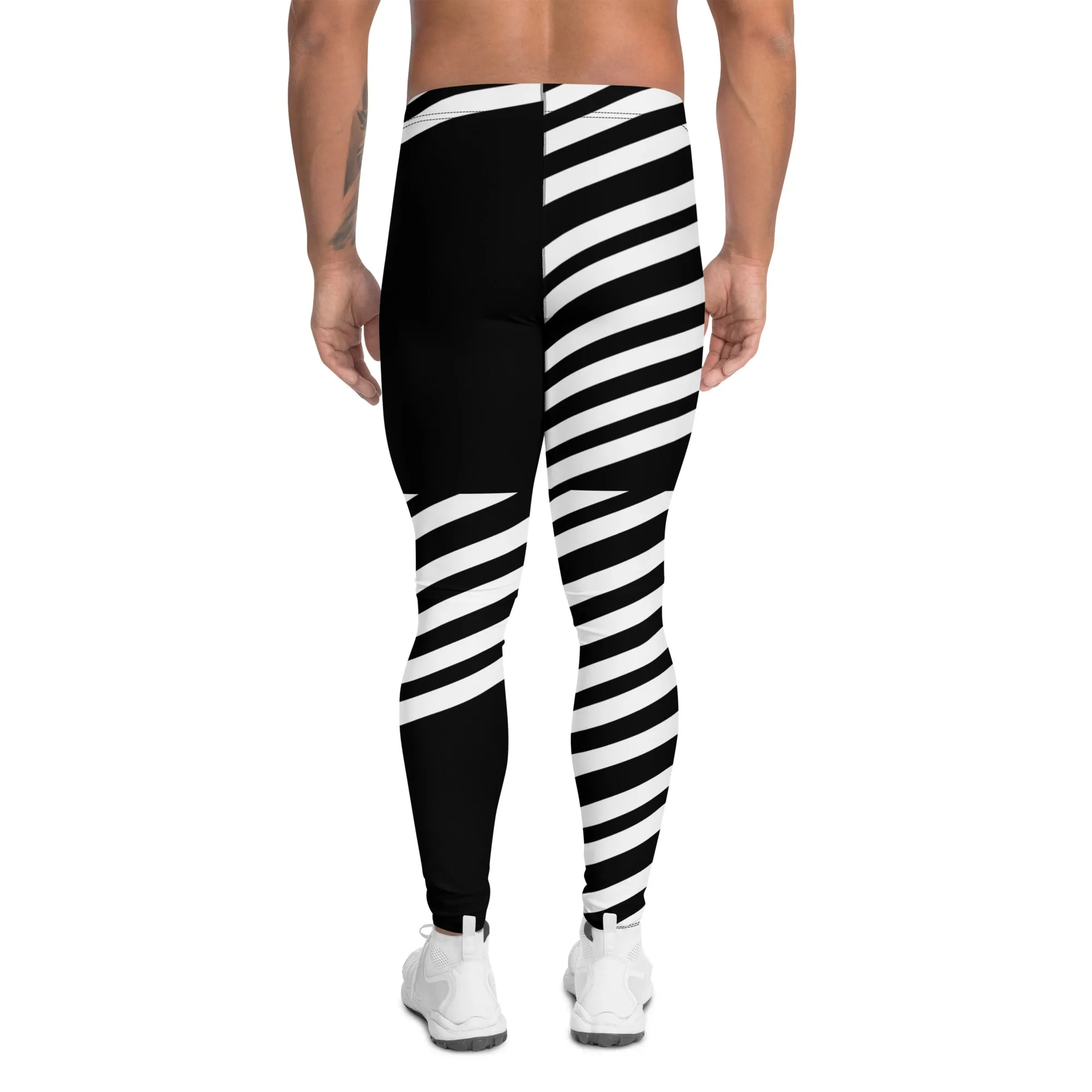 Black White Striped Meggings, Best Designer Men's Leggings, Designer Minimalist Black White Modern Meggings-Made in USA/EU/MX