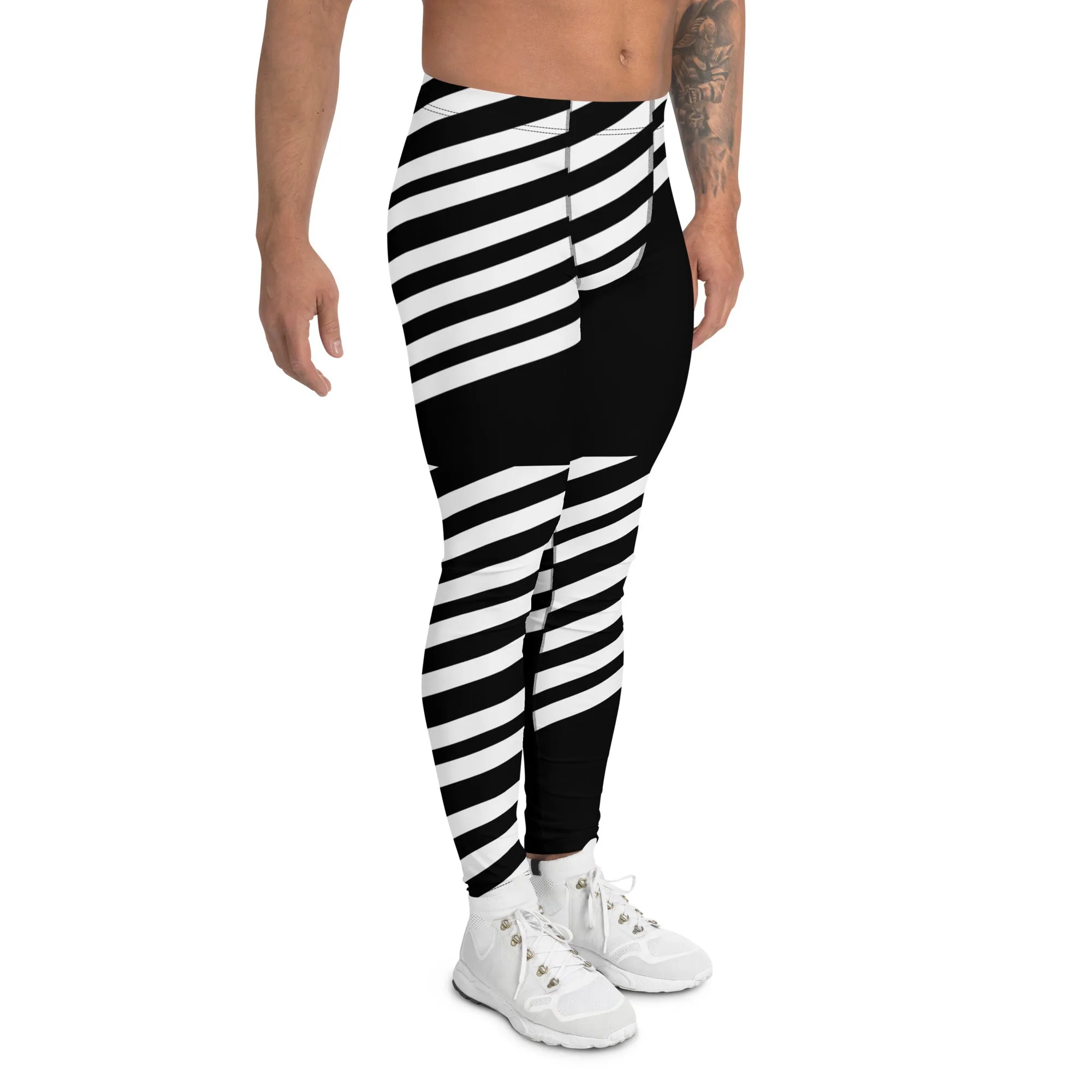 Black White Striped Meggings, Best Designer Men's Leggings, Designer Minimalist Black White Modern Meggings-Made in USA/EU/MX