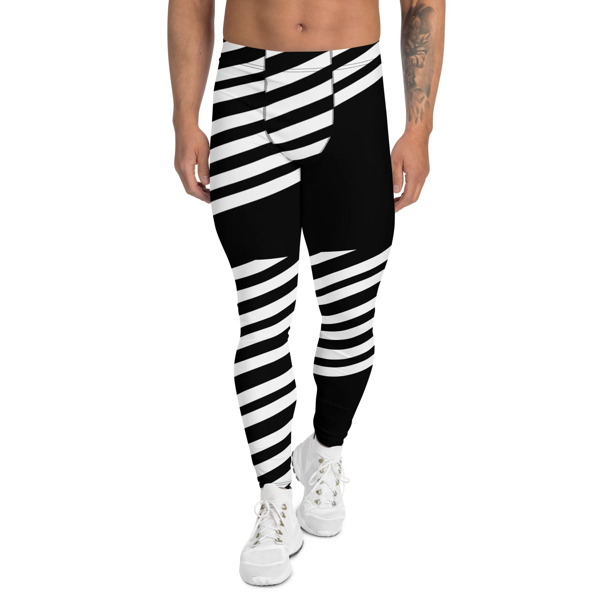 Black White Striped Meggings, Best Designer Men's Leggings, Designer Minimalist Black White Modern Meggings-Made in USA/EU/MX