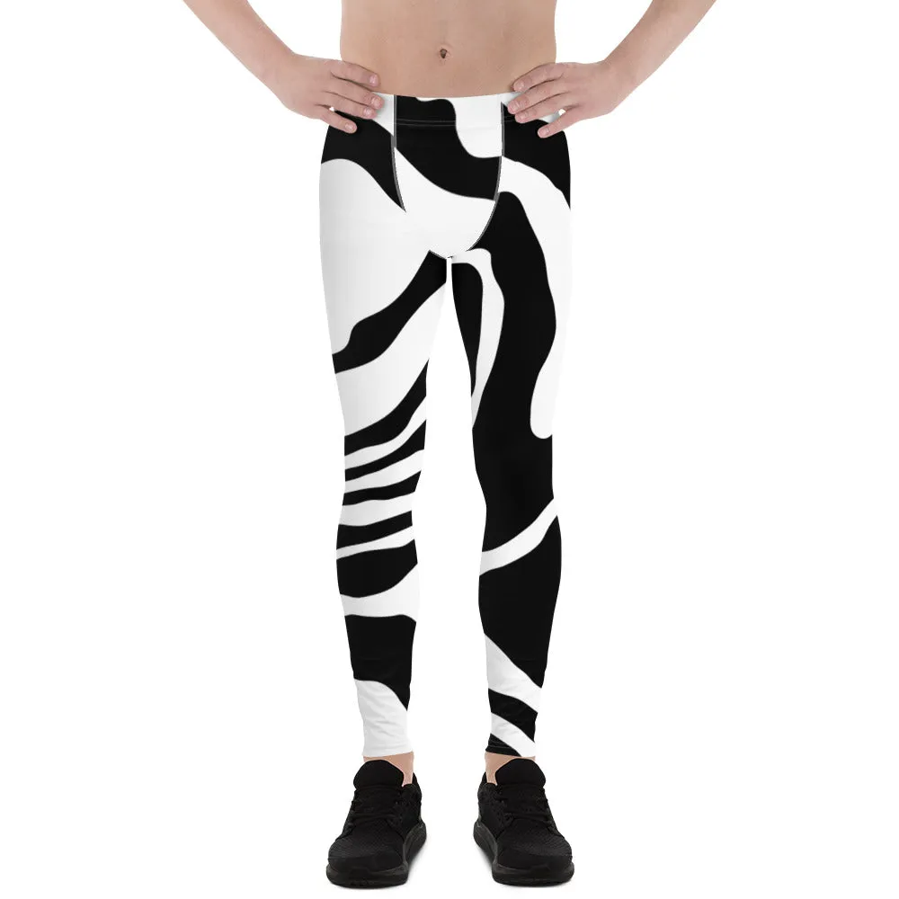 Black White Swirl Meggings, Best Men's Leggings Swirl Running Compression Tights For Men-Made in USA/EU/MX