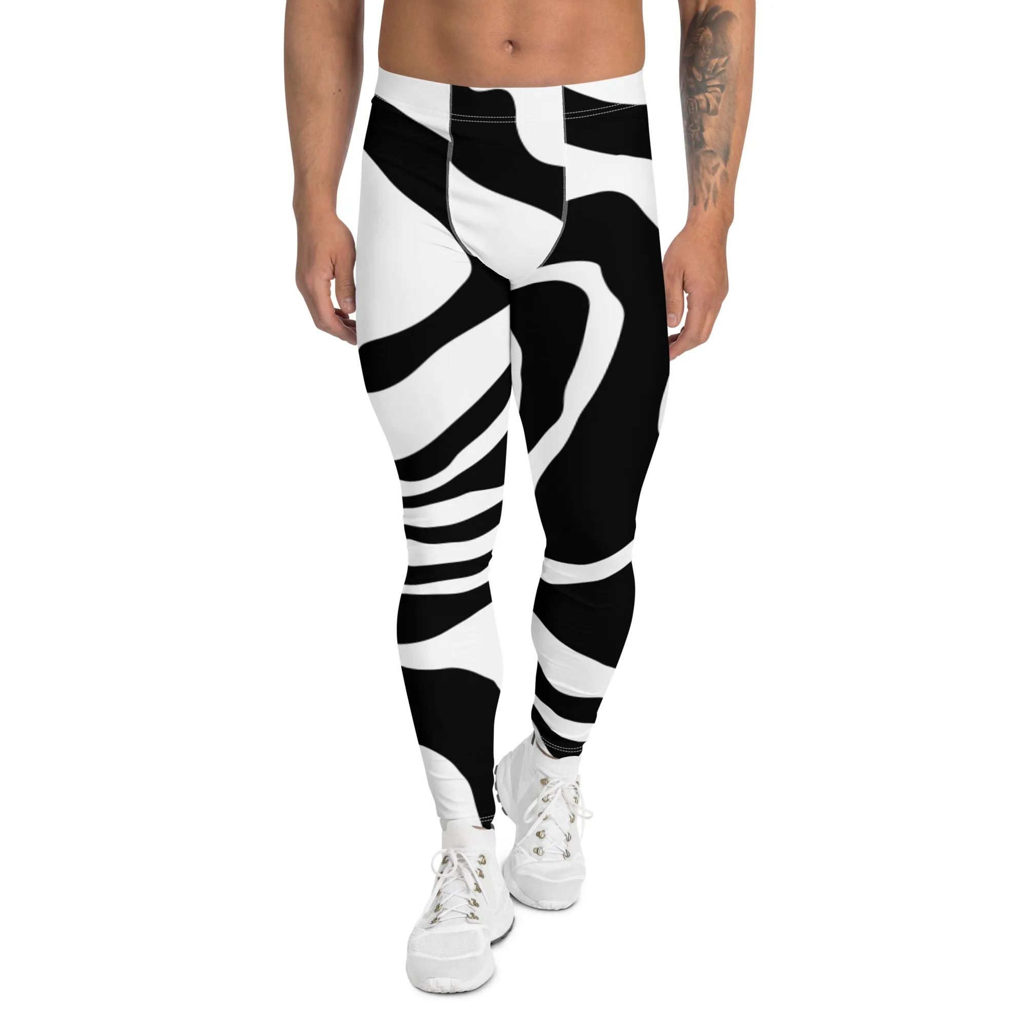 Black White Swirl Meggings, Best Men's Leggings Swirl Running Compression Tights For Men-Made in USA/EU/MX