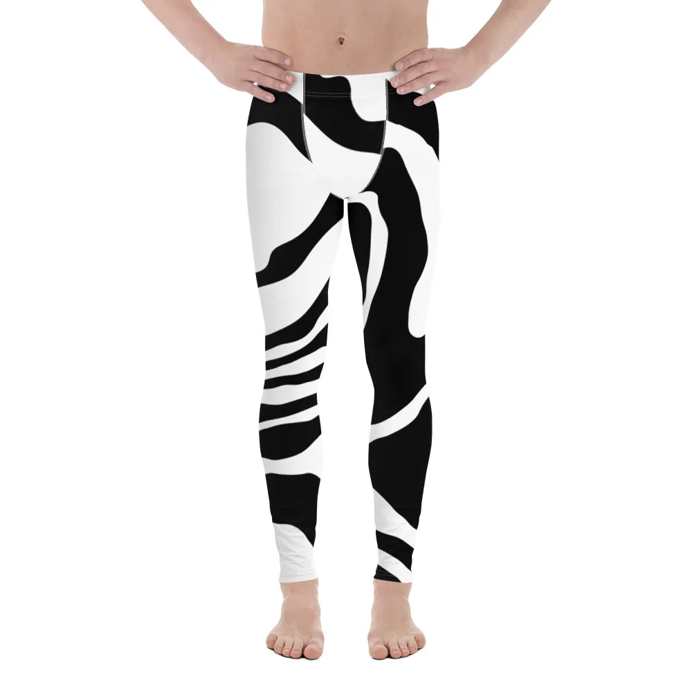 Black White Swirl Meggings, Best Men's Leggings Swirl Running Compression Tights For Men-Made in USA/EU/MX