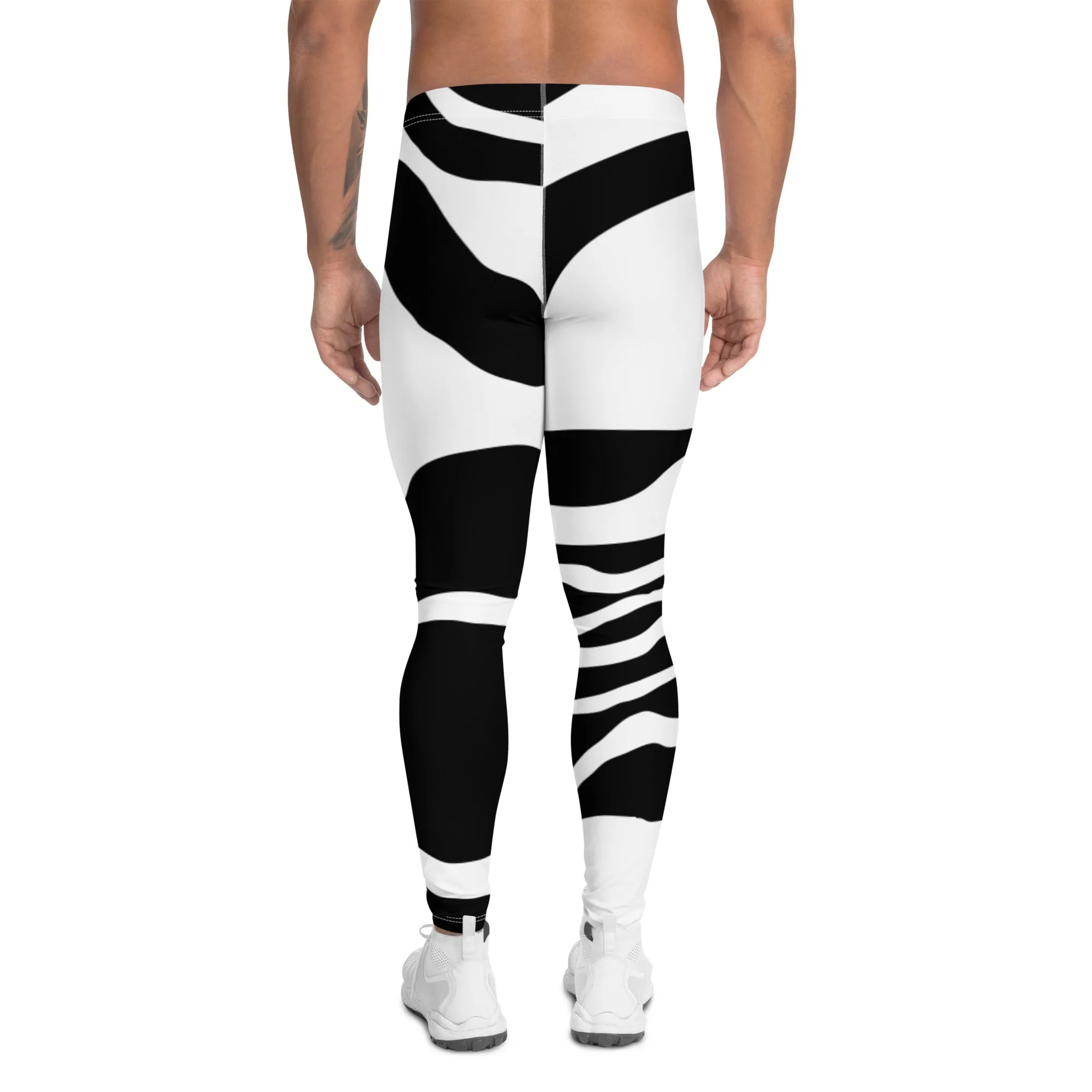 Black White Swirl Meggings, Best Men's Leggings Swirl Running Compression Tights For Men-Made in USA/EU/MX