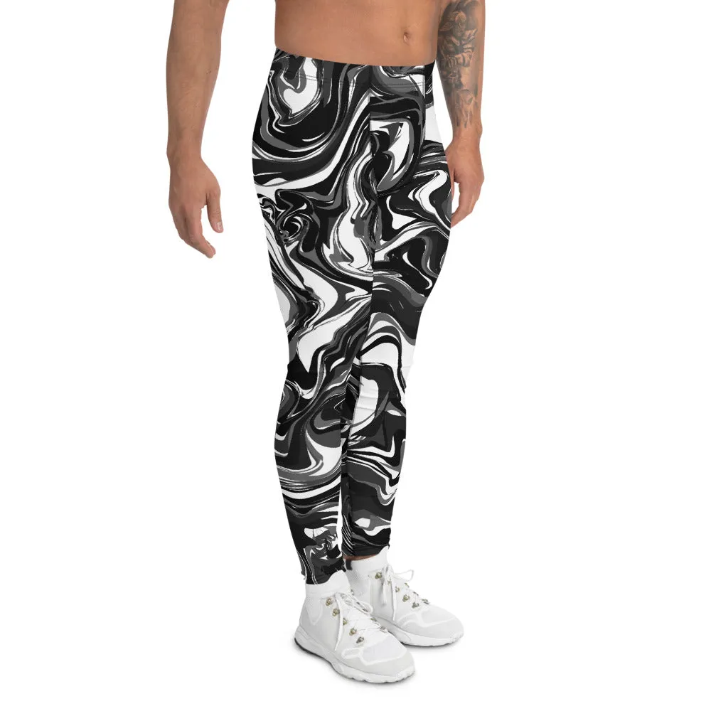 Black White Swirl Men's Leggings, White and Black Abstract Marble Print Compression Tights Meggings-Made in USA/ EU/ MX