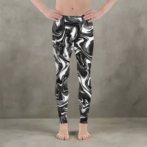 Black White Swirl Men's Leggings, White and Black Abstract Marble Print Compression Tights Meggings-Made in USA/ EU/ MX