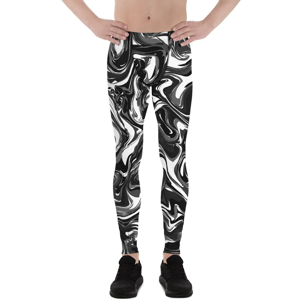 Black White Swirl Men's Leggings, White and Black Abstract Marble Print Compression Tights Meggings-Made in USA/ EU/ MX