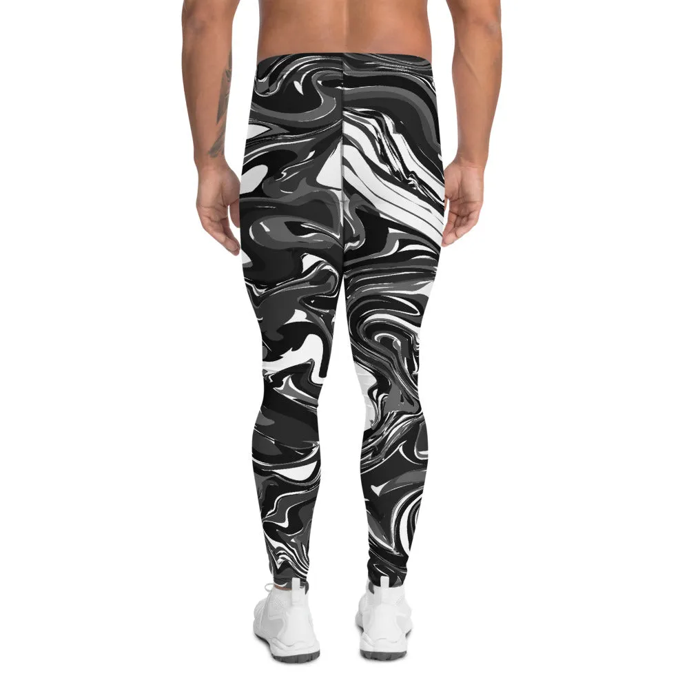 Black White Swirl Men's Leggings, White and Black Abstract Marble Print Compression Tights Meggings-Made in USA/ EU/ MX