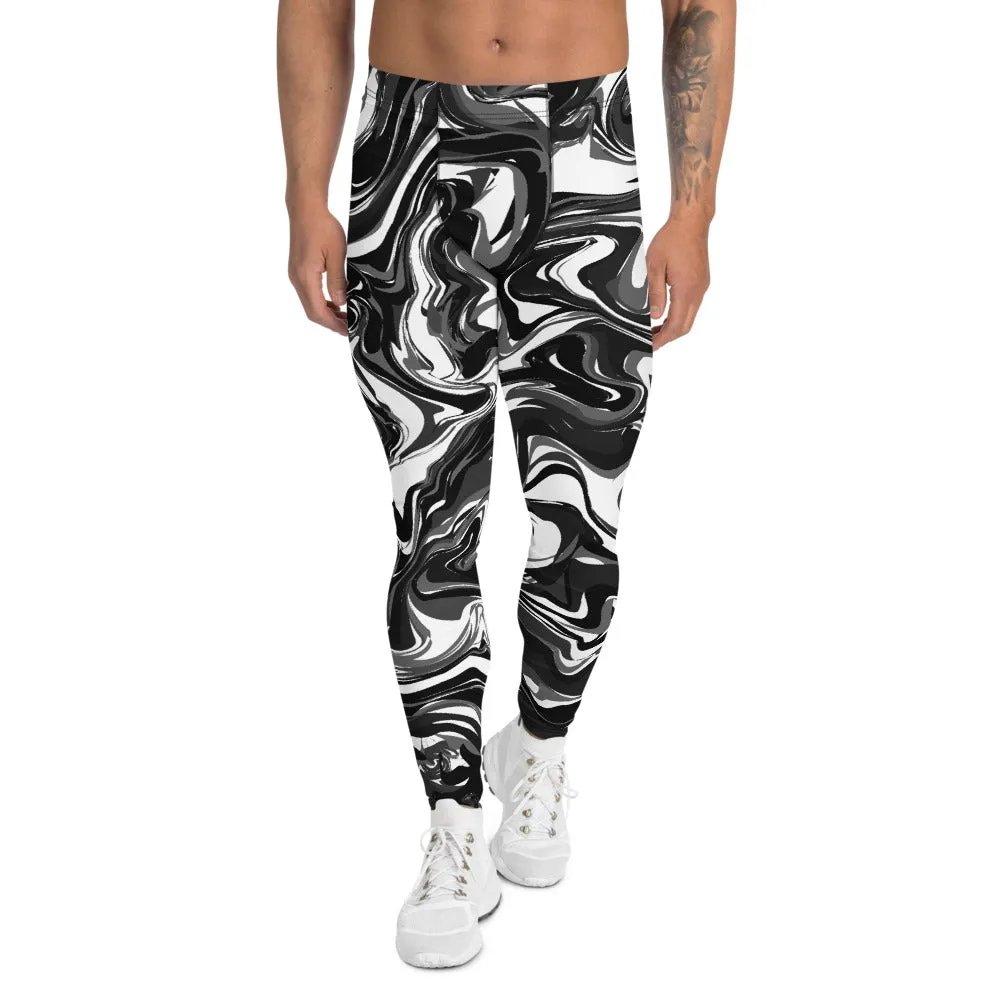 Black White Swirl Men's Leggings, White and Black Abstract Marble Print Compression Tights Meggings-Made in USA/ EU/ MX