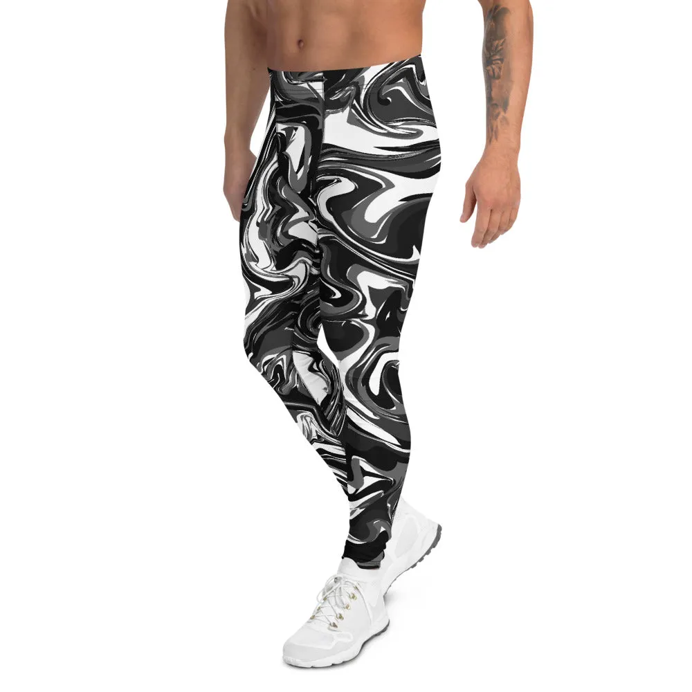 Black White Swirl Men's Leggings, White and Black Abstract Marble Print Compression Tights Meggings-Made in USA/ EU/ MX