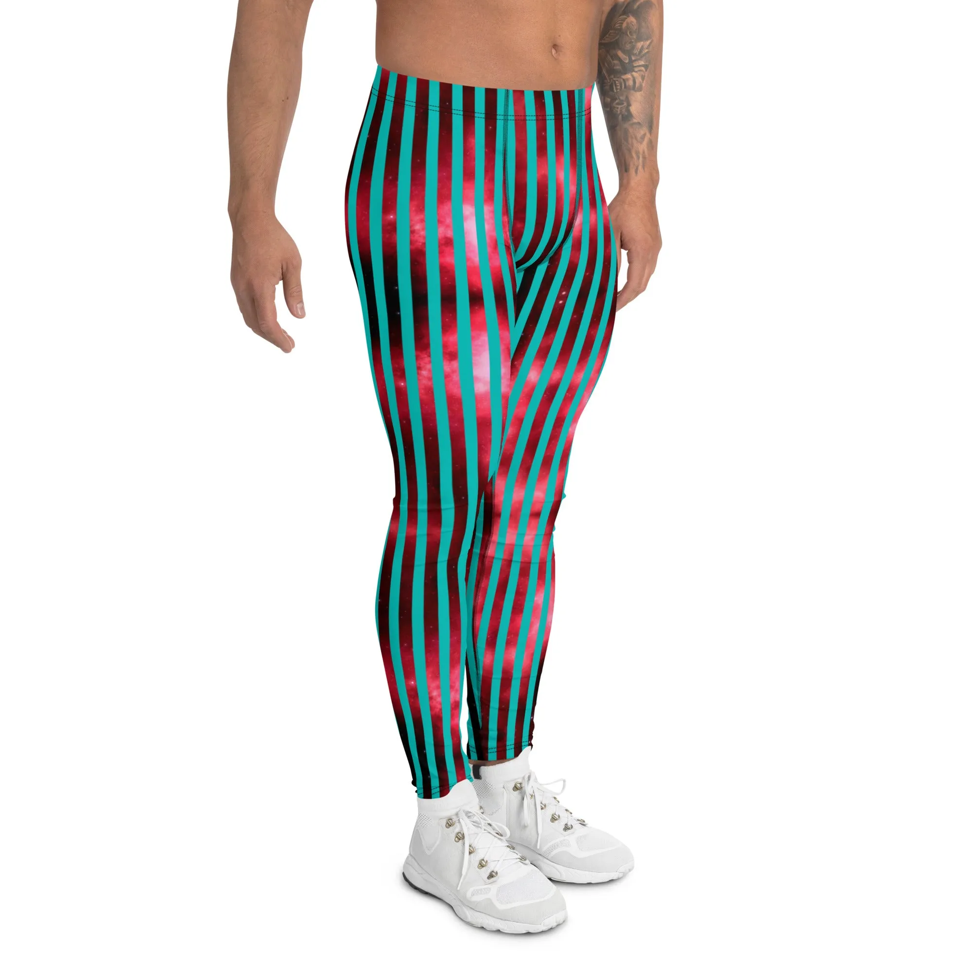 Blue Red Striped Men's Leggings, Colorful Best Compression Tights For Men - Made in USA/EU/MX