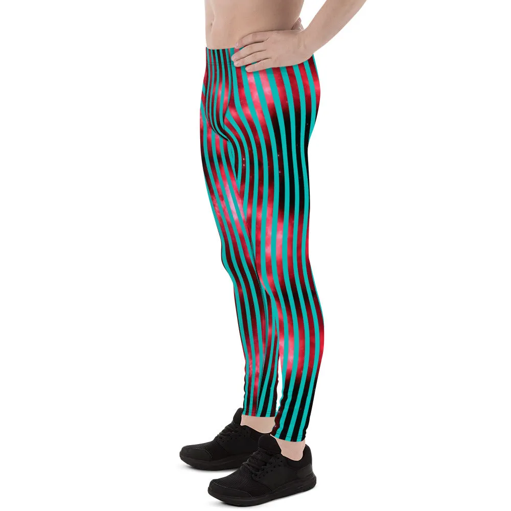 Blue Red Striped Men's Leggings, Colorful Best Compression Tights For Men - Made in USA/EU/MX