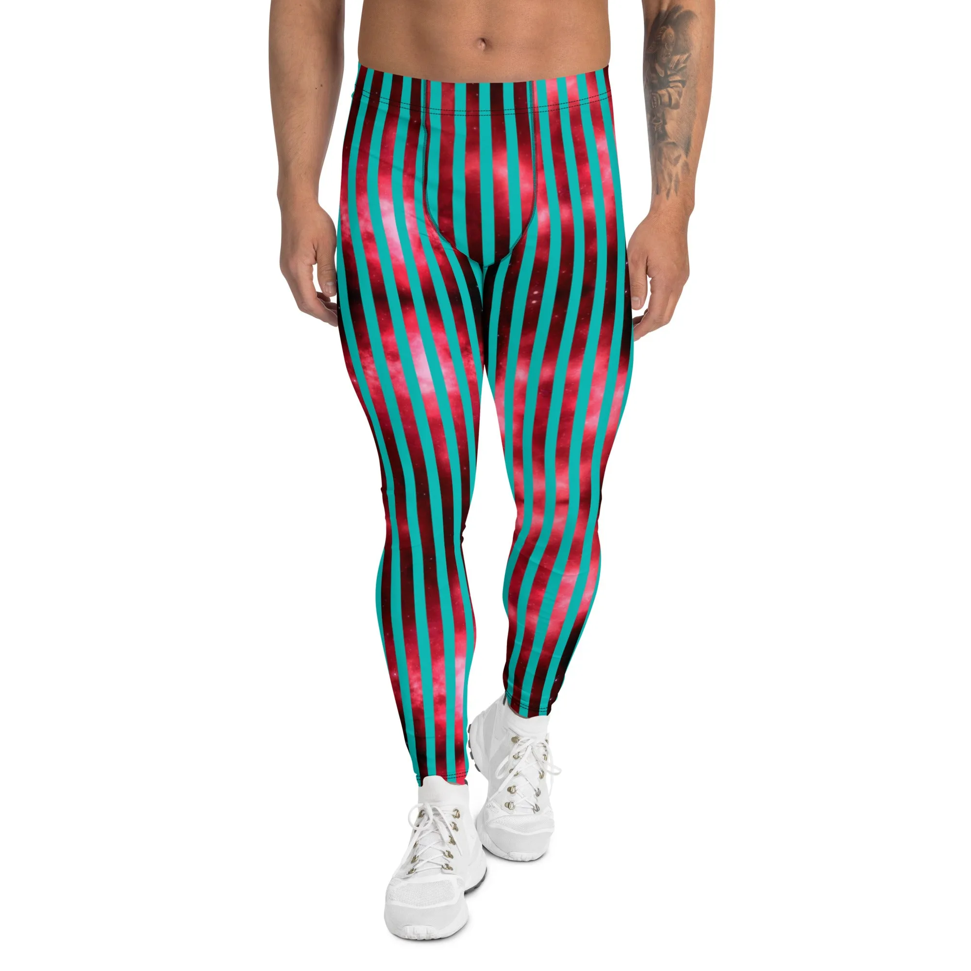 Blue Red Striped Men's Leggings, Colorful Best Compression Tights For Men - Made in USA/EU/MX