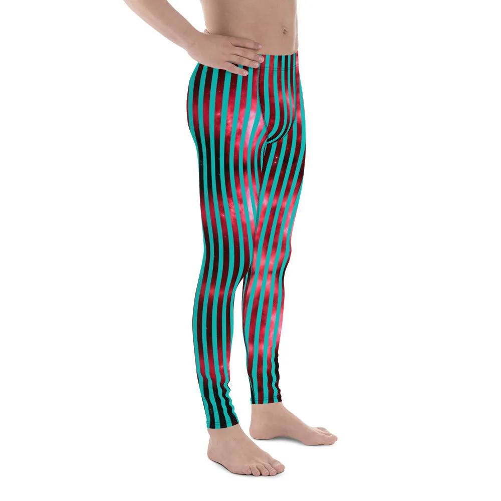 Blue Red Striped Men's Leggings, Colorful Best Compression Tights For Men - Made in USA/EU/MX