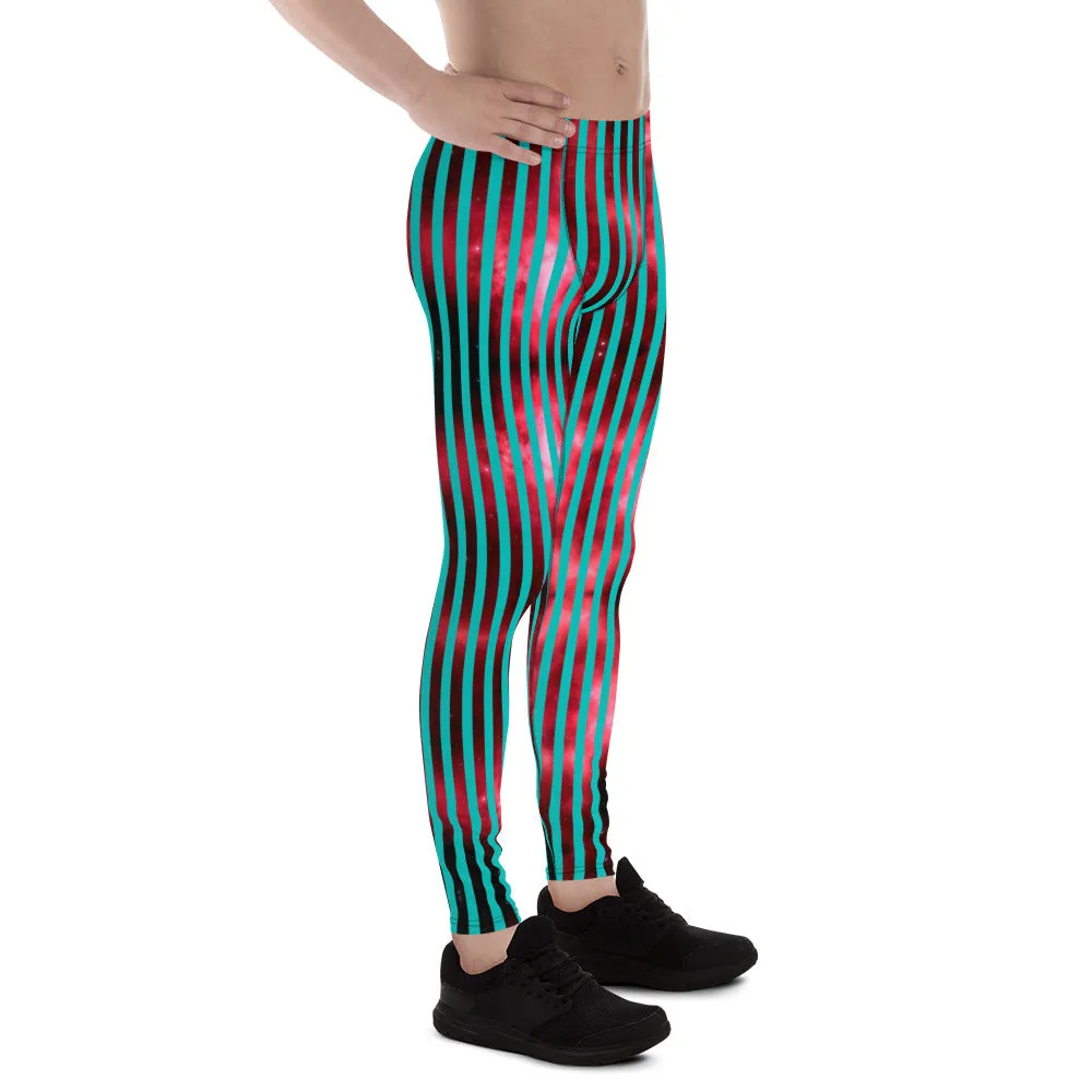 Blue Red Striped Men's Leggings, Colorful Best Compression Tights For Men - Made in USA/EU/MX