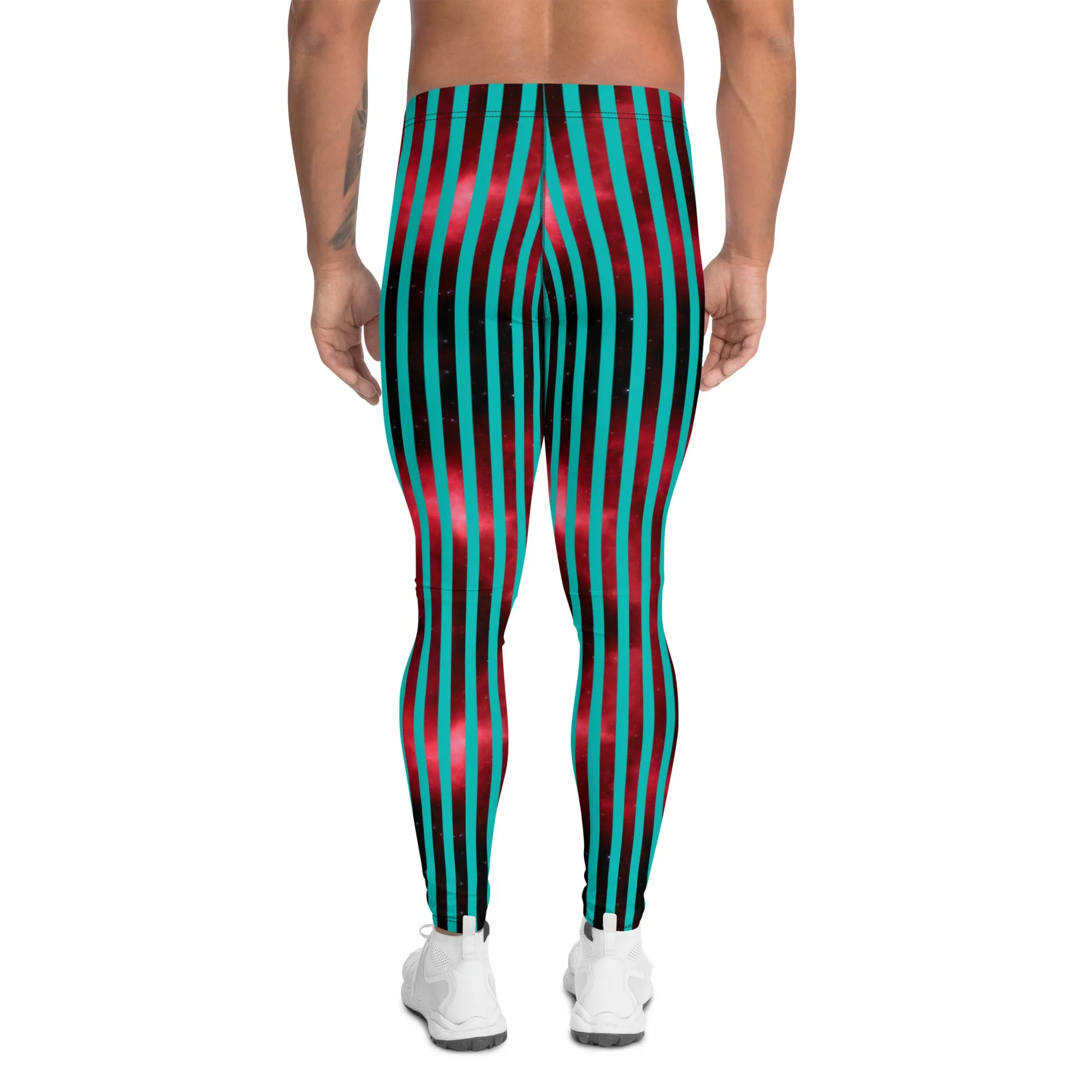 Blue Red Striped Men's Leggings, Colorful Best Compression Tights For Men - Made in USA/EU/MX