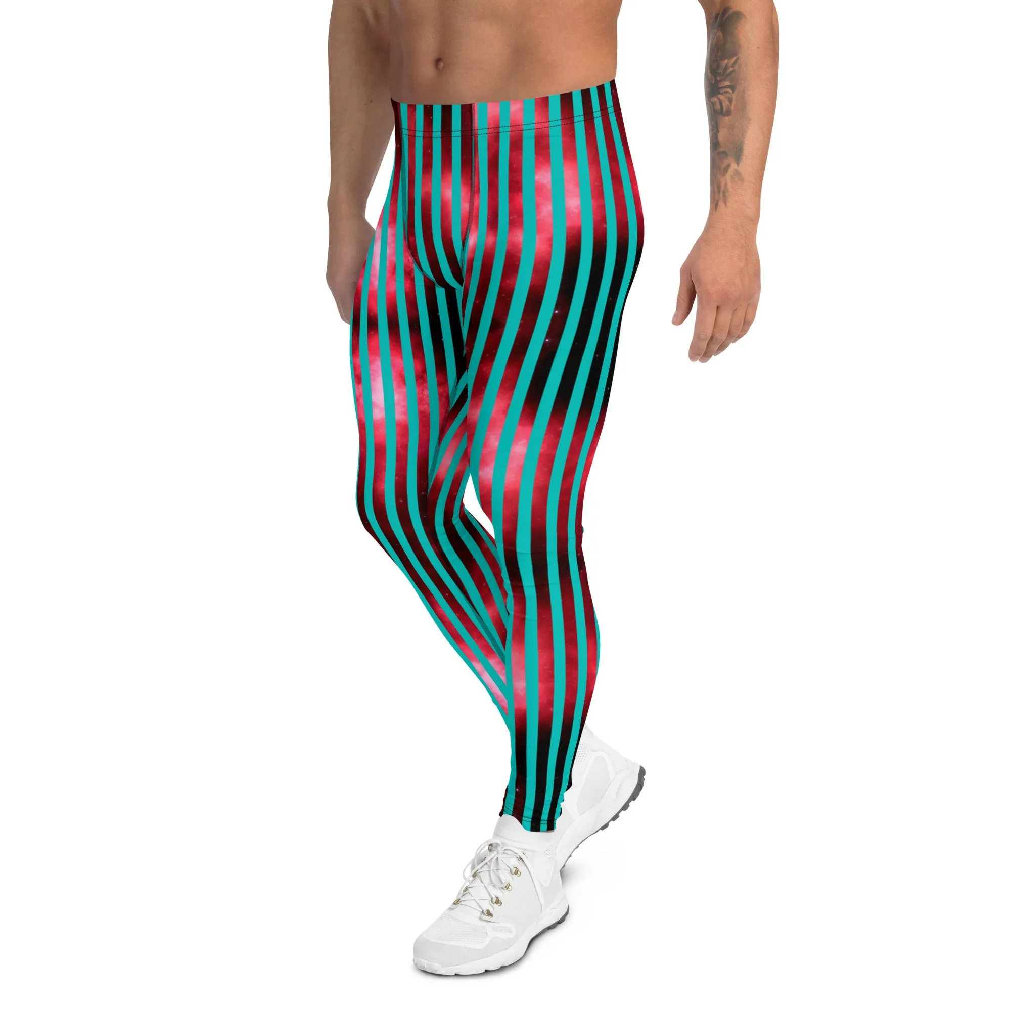 Blue Red Striped Men's Leggings, Colorful Best Compression Tights For Men - Made in USA/EU/MX