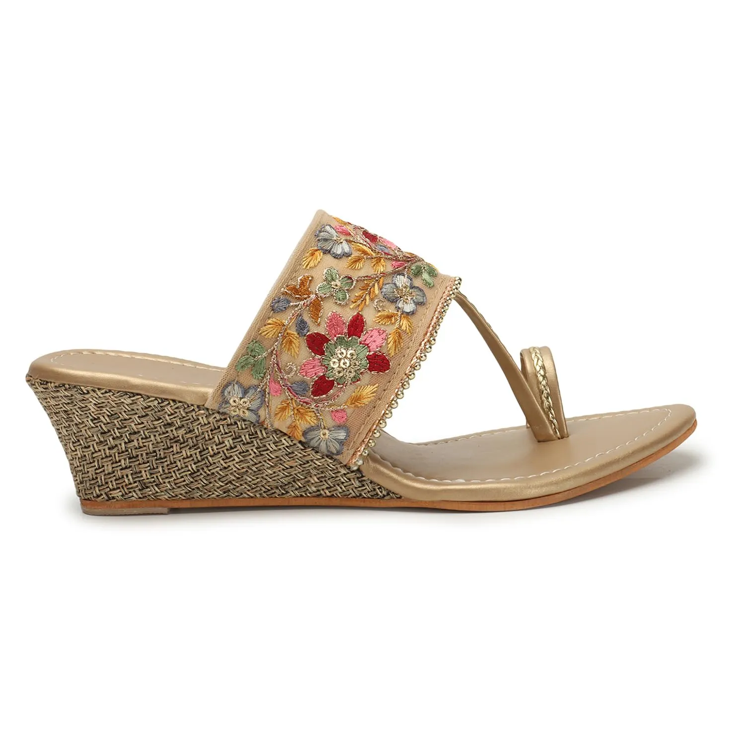 DIPYO Fancy Wedding Embroidery Wedges Heel Sandal For Women & Girls | (Golden, 40)