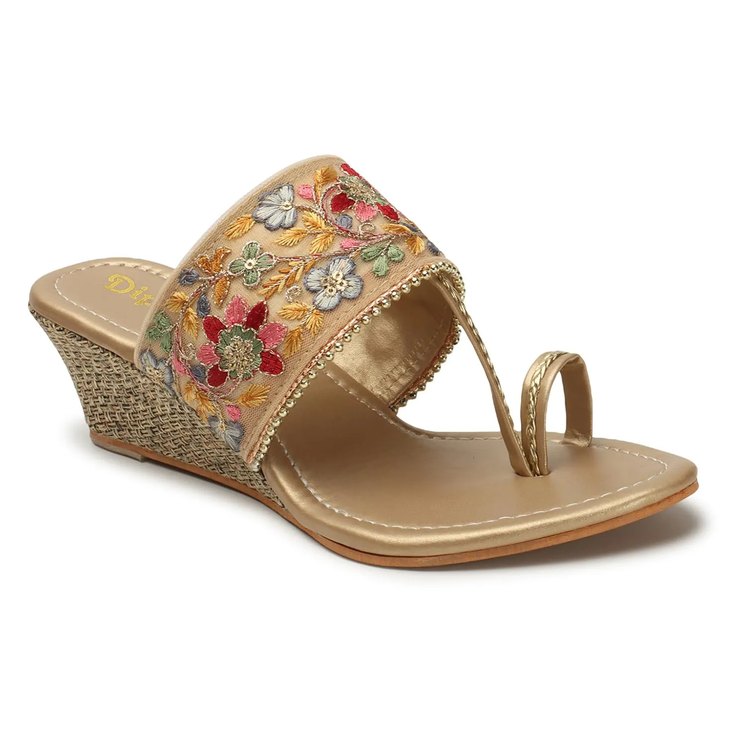 DIPYO Fancy Wedding Embroidery Wedges Heel Sandal For Women & Girls | (Golden, 40)