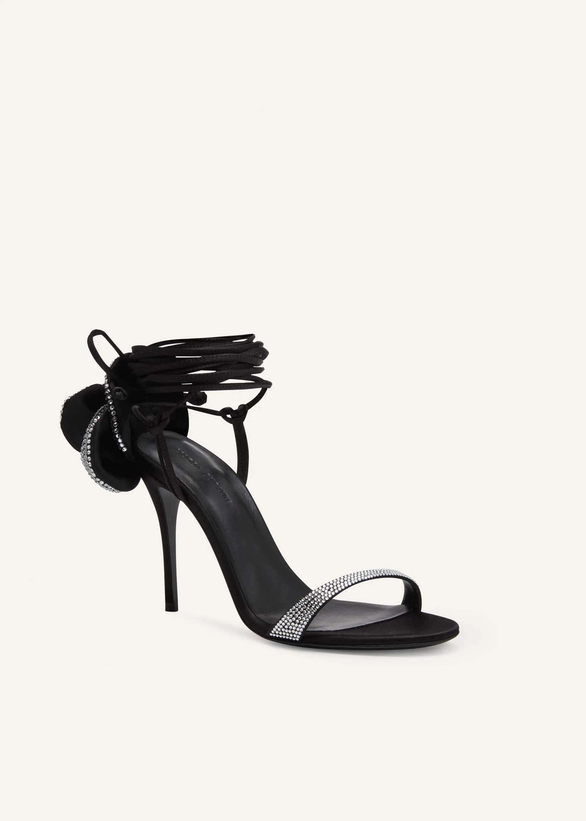 Flower wrap around black satin heeI sandals with strass