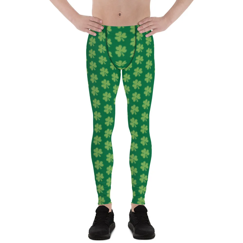 Green Classic Clover Print St. Patty's Day Men's Leggings Meggins Tights -Made in USA/EU