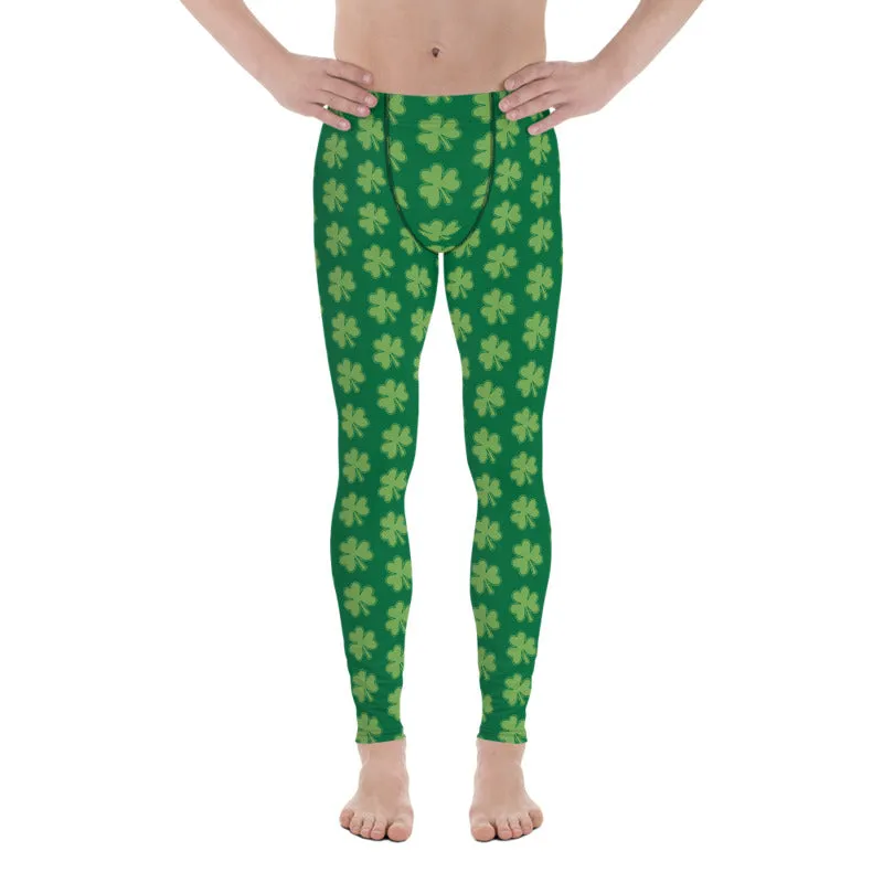 Green Classic Clover Print St. Patty's Day Men's Leggings Meggins Tights -Made in USA/EU