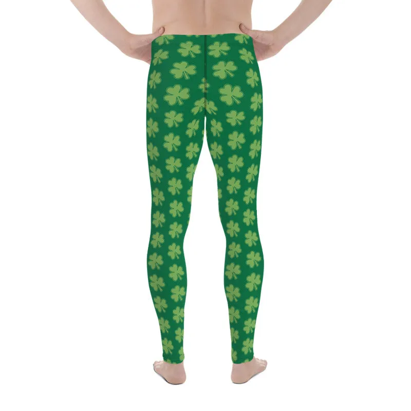 Green Classic Clover Print St. Patty's Day Men's Leggings Meggins Tights -Made in USA/EU