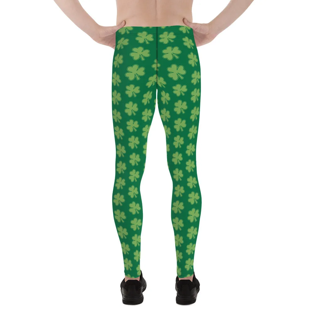 Green Classic Clover Print St. Patty's Day Men's Leggings Meggins Tights -Made in USA/EU