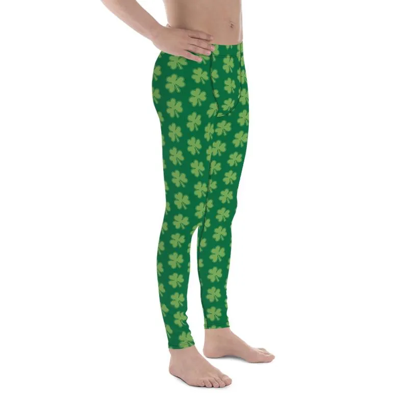 Green Classic Clover Print St. Patty's Day Men's Leggings Meggins Tights -Made in USA/EU