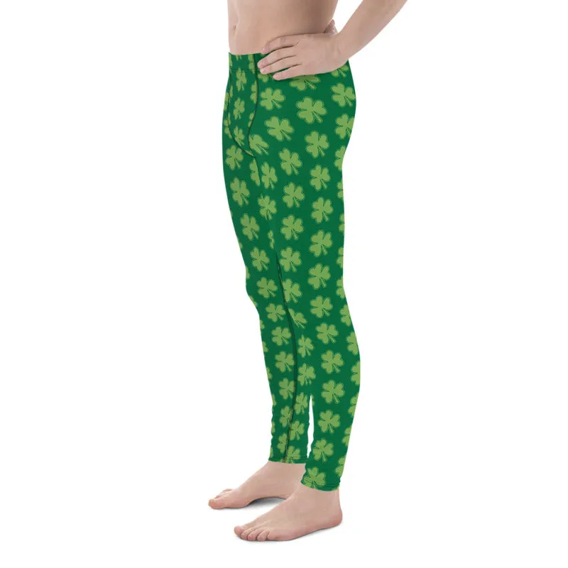 Green Classic Clover Print St. Patty's Day Men's Leggings Meggins Tights -Made in USA/EU